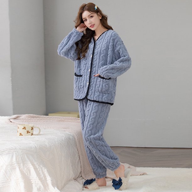Conjunto de pijama de terciopelo coral para primavera y verano, ropa de hogar de polar abierto de manga larga de franela jacquard 3D