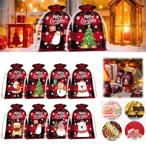 8PCS Christmas Small Burlap Bags, Christmas Drawstring Treat Bags, Xmas Red Plaid Linen Gift Reusable Candy Wrapping for Holiday Party Favors Supplie