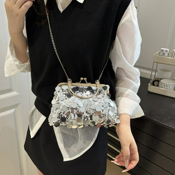 Elegant Pleated Handbag for Women, Gold Sequin Evening Bag with Detachable Chain Shoulder Strap, Vintage Clutch Purse for Wedding, Party, Date Night, Crossbody or Top Handle Bag