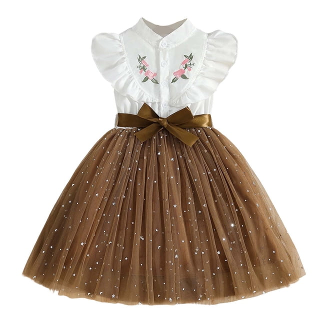 RXMEKW Robe pour Filles avec Manches en Maille Brodée et Ceinture pour Enfants de 3 à 10 Ans, Design Patchwork pour Fête de Noël et Séance Photo Décontractée