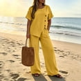 thumbnail image 3 of Two Piece Lounge Sets for Women Fashion Buttons Side Slit Solid Color Round Neck Short Sleeve Tops Elastic Waist Pants Sets Lounge Sets Wide Leg Pants Sets with Pockets, 3 of 7