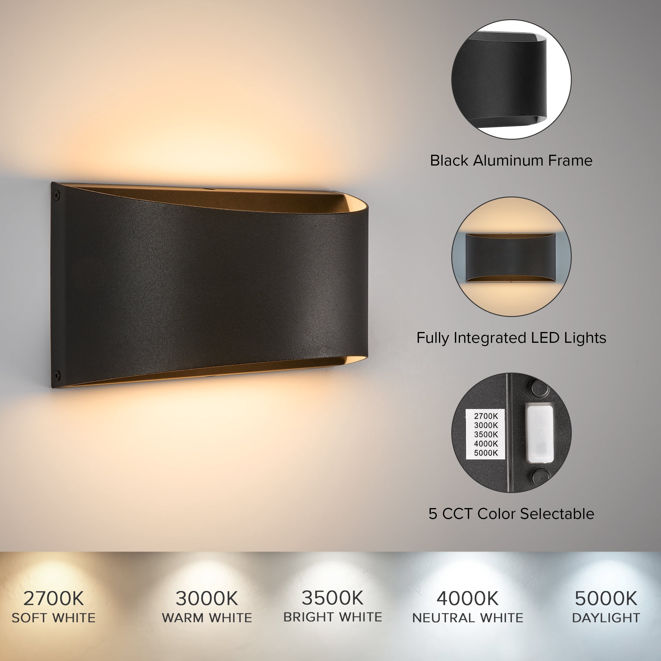 Maxxima LED Up/Down Outdoor Wall Light, Modern Dimmable Sconce, 12 Watts, 700 Lumens, 5 CCT 2700K-5000K, Black