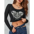 thumbnail image 6 of Musuos Women's Autumn Slim Gothic Crop Tops Black Long Sleeve Skeleton Print Lace Trim T-shirt, 6 of 10