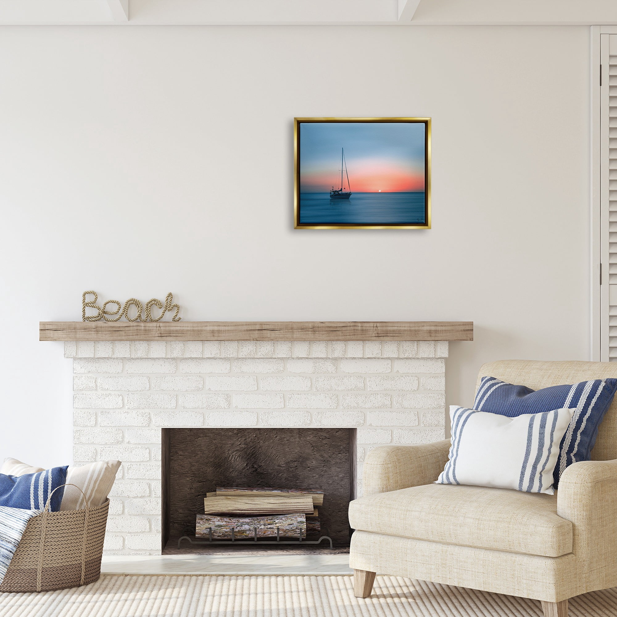 Stupell Industries Boat on Sunset Horizon Transportation Photography Gold Floater Framed Canvas Art Print Wall Art, 21 x 17