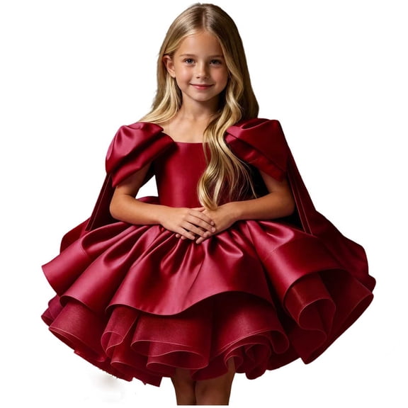 Girls Satin Mini Princess Dresses Cape Sleeve Neck Ruffle Tiered Gowns for Wedding Birthday Party Evening Ceremony Red 12-13 Years