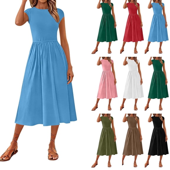 QIUOMBBP Women's Ruffle Maxi Dresses Cap Sleeve Crew Neck A Line High Waisted Dress Summer Loose Casual Sundress Black L