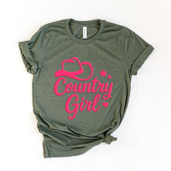 Country Girl Hat Puff Print  - Womens Short Sleeve Graphic T-Shirt