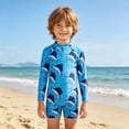 thumbnail image 2 of Rggeeun Baby Boys Swimsuit Set 1Pc Cartoon Animal Pattern Elastic Above Knee Long Sleeve Crew Neck for Summer Resort Swimming Kawaii Swim Wear,Blue,7-8 Years, 2 of 6