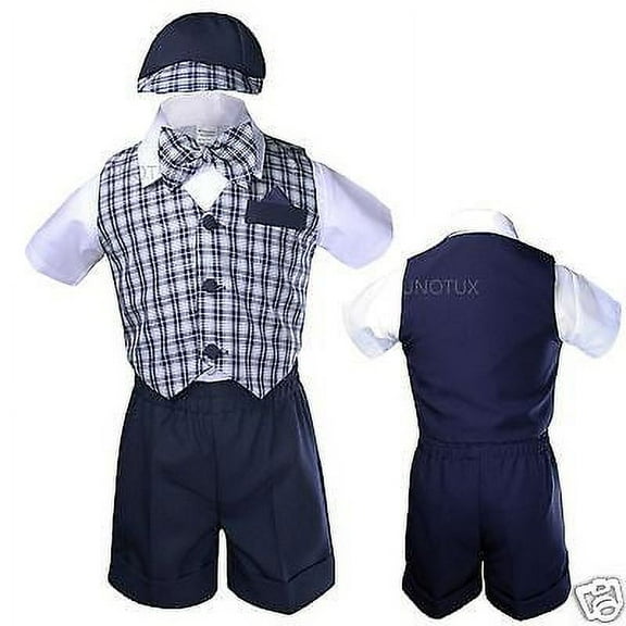 Infant Boy Toddler Formal Shorts Suits Navy Blue Checks Vest Set Gingham Sz S-4T