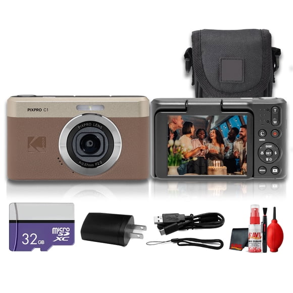 Kodak PIXPRO C1 Compact Digital Camera (Brown), 13MP Point and Shoot Camera for Selfies, Travel, Vlogging and Everyday Photos (C1-BN) + 32GB Card + Camera Bag + Cleaning Kit (7pc Bundle)