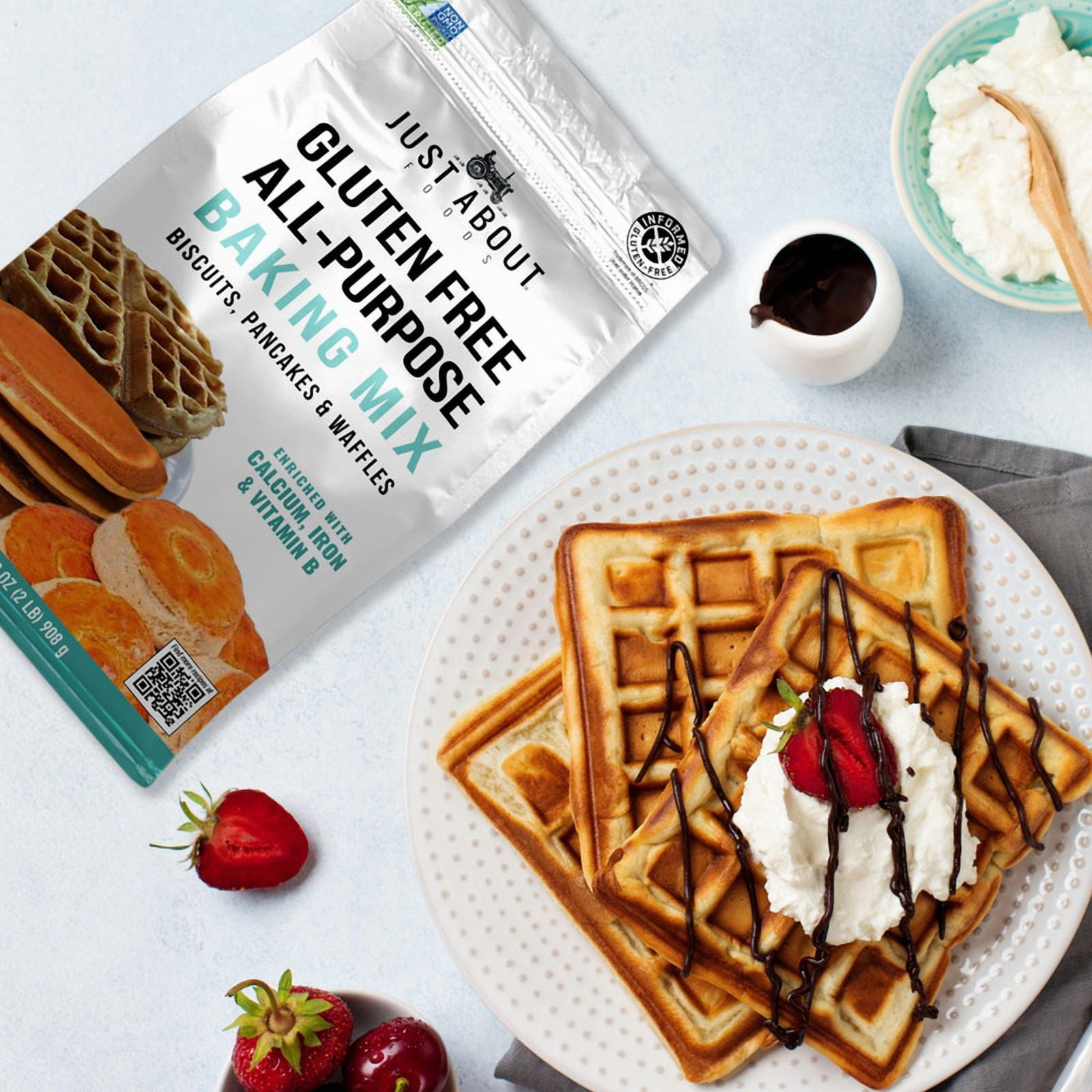 Just About Foods Gluten-Free All-Purpose Baking Mix, 32 oz (2 lb), 1:1 Wheat Flour Substitute, Pancakes, Waffles, Cakes & More