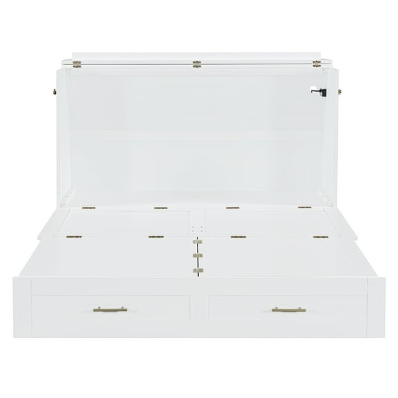 Full Size Murphy Bed Wall Bed with drawer and a set of Sockets & USB Ports, Pulley Structure Design, White