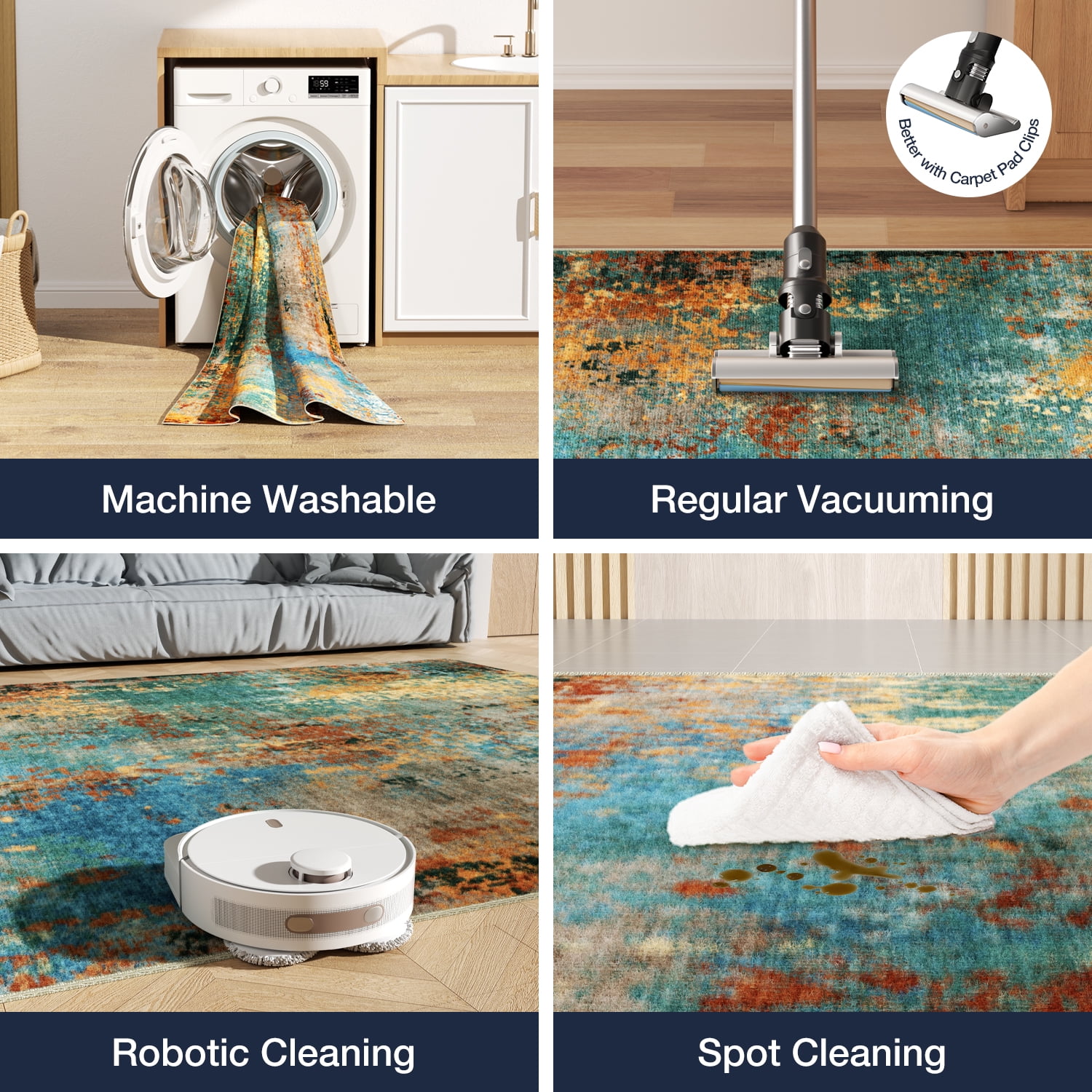 Washable Area Rugs for Living Room, Socomw 8'x10'  Modern Abstract Washable Indoor Rug, Non-Slip Soft Low Pile Carpet for Bedroom, Office, Dining Room