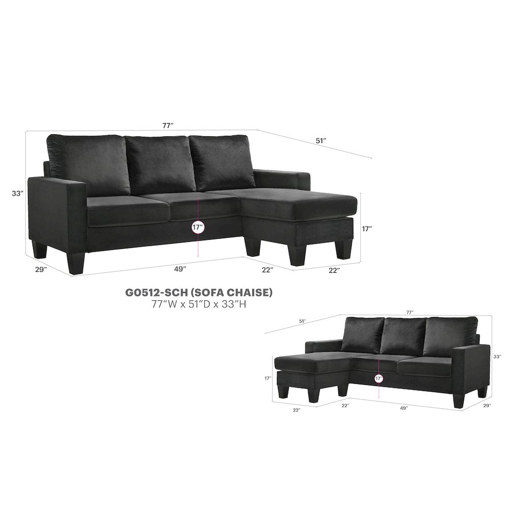 Glory Furniture Jessica Sofa Chaise in Black Color