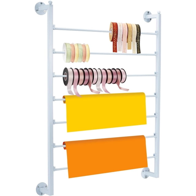 Ribbon Storage Organizer,Wall Mounted Ribbon Organizer,Wrapping Paper Rack,7-Layer Metal Ribbon Storage for Craft Room,Flower Shop,Gift Wrapping Paper,White