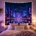 thumbnail image 2 of Neon City Skyline Along a River, Dramatic Digital Art for Cityscape Lovers, Urban Wall Art, Housewarming Gift, Tapestry Wall Hanging for Bedroom, Living Room and Dorm, 2 of 7