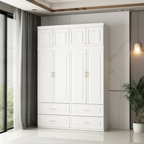 4-Door White Armoire with Top Cabinet, 63 Wide Wardrobe Storage Cabinet ...