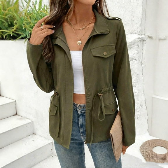 Sokhug Women's Utility Jackets Lightweight Anorak Drawstring Waist Zip Up Field Military Casual Coat with 4 Pockets