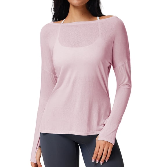 Womens'S Sheer Off the Shoulder Pullover Mesh Workout Long Sleeve T Shirt Pink L