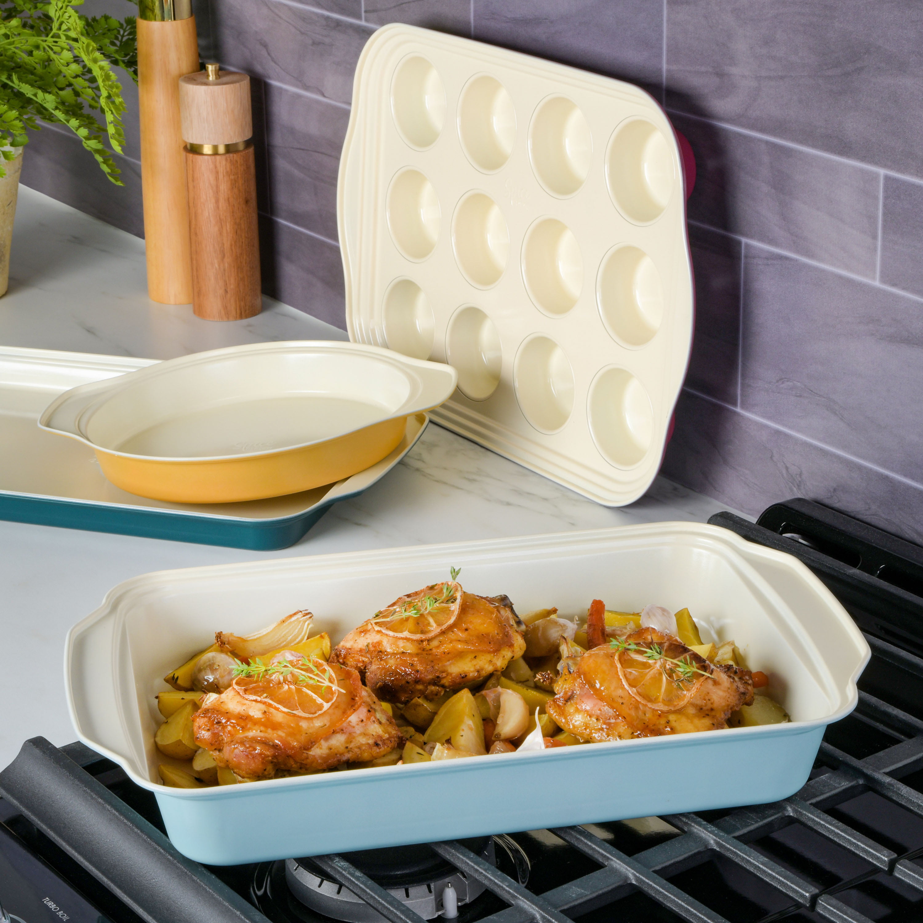 Spice by Tia Mowry 24 Cup Carbon Steel Muffin Pan with Carrier in Teal