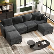 BedLuxury 112 Modular Sectional Sofa with 2 Moveable Storage Ottoman, Cloud Couch Seats 6, Modern Living Room Furniture, Chenille Black