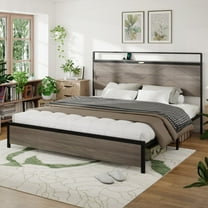 King Size Metal Platform Bed Frame with Storage, No Spring Needed, Grey, for Bedroom