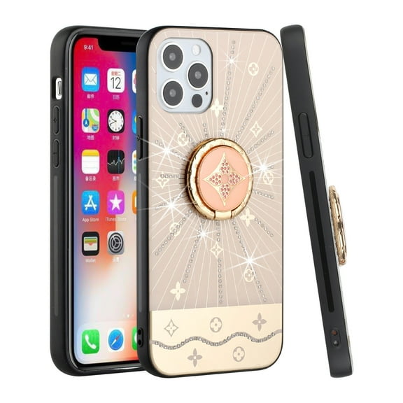 For Apple iPhone XR Diamond Bling Sparkly Glitter Ornaments Hybrid Armor Ring Stand Holder Rugged Fashion Cover ,Xpm Phone Case [ Gold Harmony Rays ]