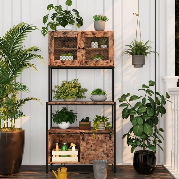 Ataucjin 5-Tier Kitchen Bakers Rack with Cabinets & Charging Station, 63" Industrial Microwave Stand, Freestanding Utility Shelves Storage Shelf for Dining Room, Living Room, Apartments