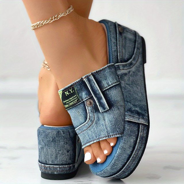 Sandalias De Plataforma De Mezclilla Para Mujer, Sandalias Antideslizantes Con Punta Redonda Abierta A La Moda, Sandalias De Cuña Para Exteriores