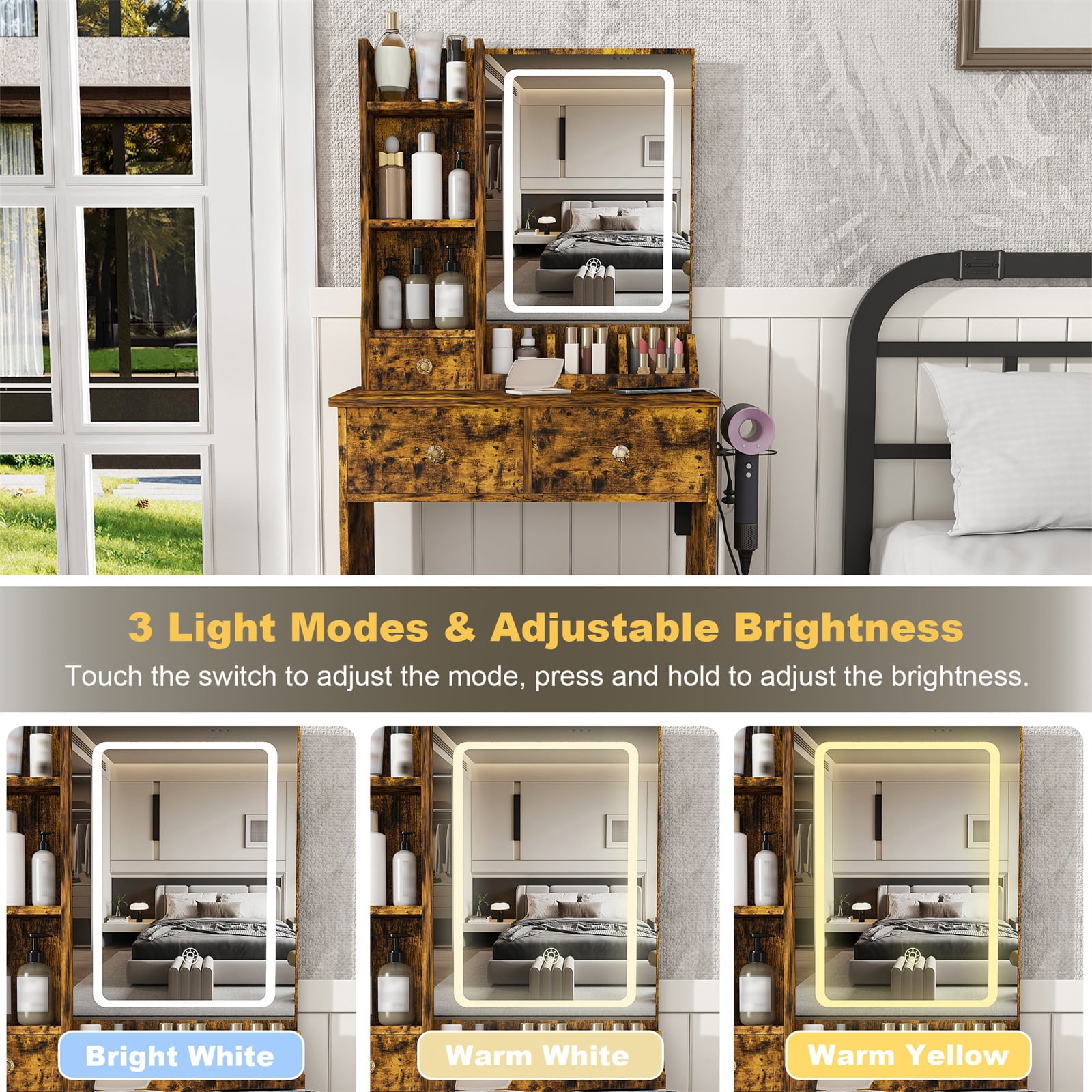 Hommoo Modern Vanity Desk Set, Makeup Vanity Dressing Table with Adjustable Brightness LED Lighted Mirror, 3-Drawer and Storage Shelves, Hair Dryer Holder and Power Socket, and Stool, Antique Brown