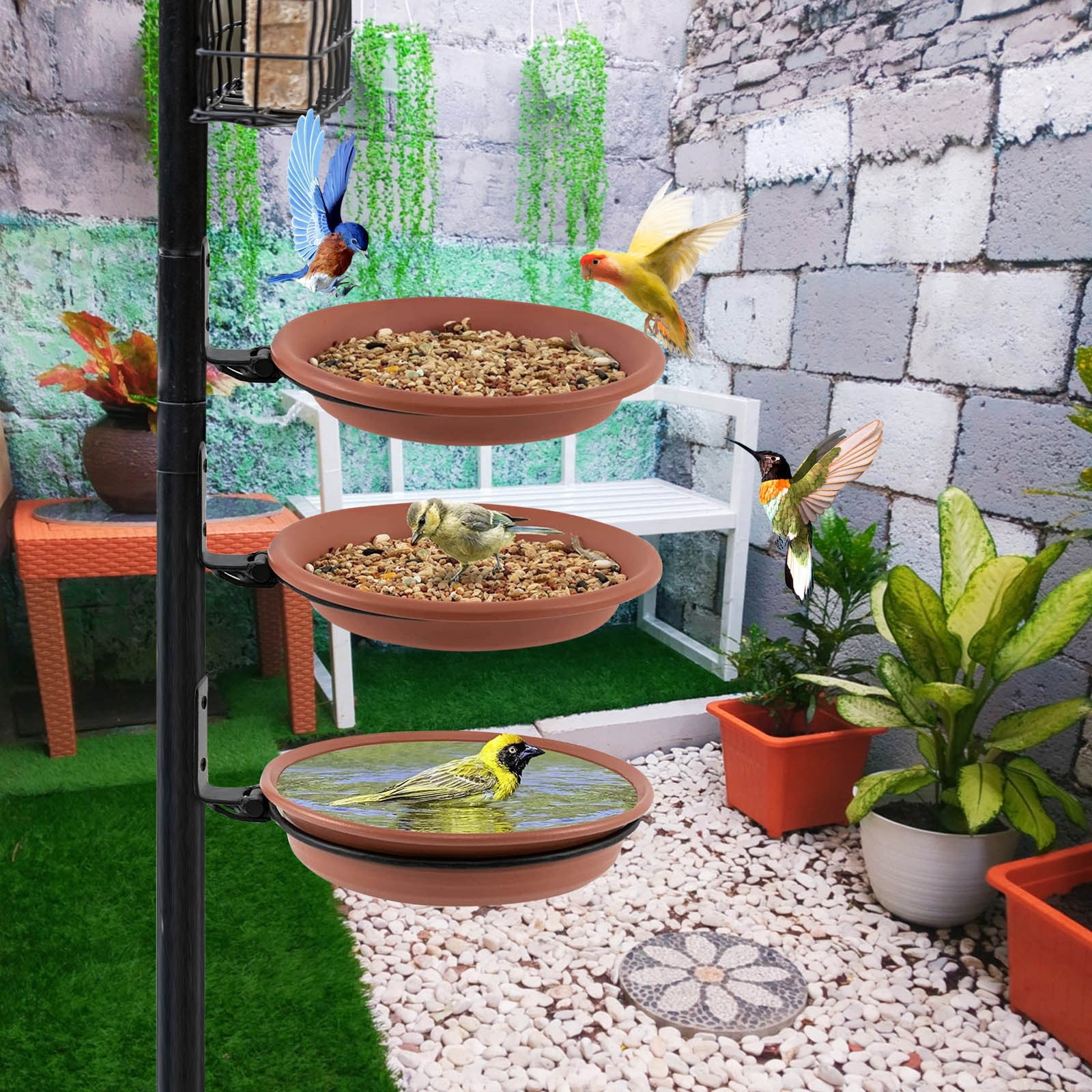 Hodwiequ 3Pc Outdoor Garden Hanging Bird Feeder With 90 Degree Folding Flower Pot Red Free Size
