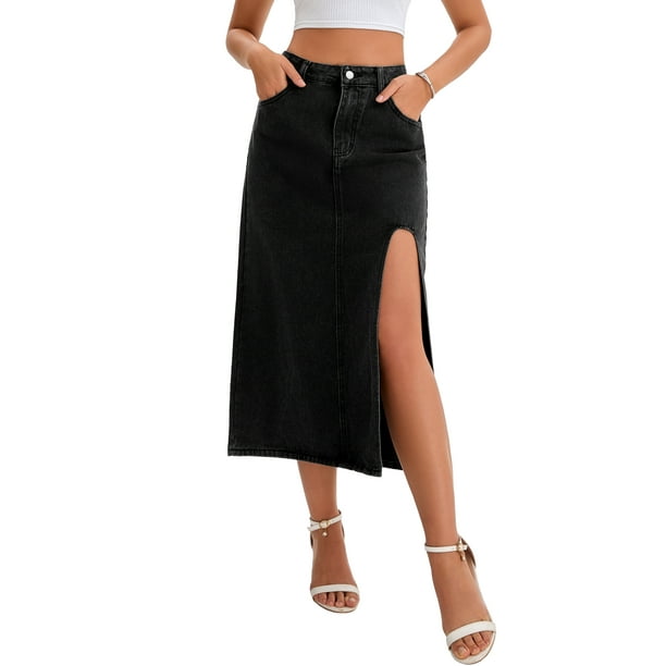 Falda de mezclilla de cintura alta A-Line con abertura hasta el muslo midi para mujer INSPIRE CHIC L Negro