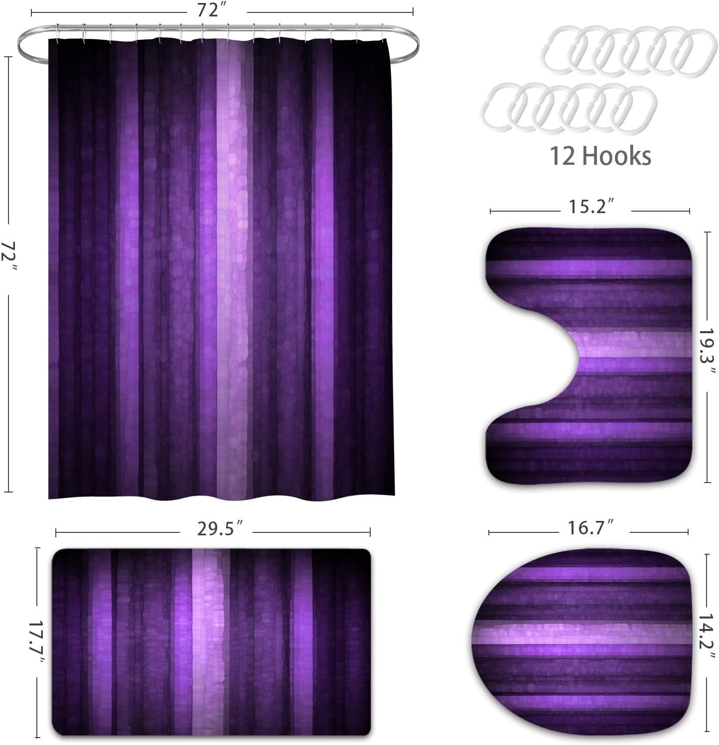 4 Pcs Purple Shower Curtain Sets with Rugs, Neon Purple Bathroom Sets with Shower Curtain and Rugs and Accessories, Modern Dark Purple Stripe Bathroom Shower Curtain with Bath Mats