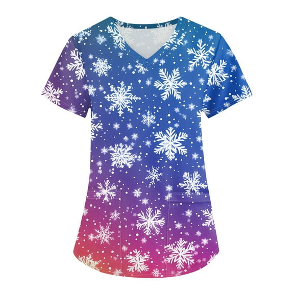 Garbnen Thanksgiving Scrub Tops Women Funny Xmas Printed V Neck Short Sleeve Fall Scrub Tops for Women Fitted Nurse Uniform with Pocket S-5XL