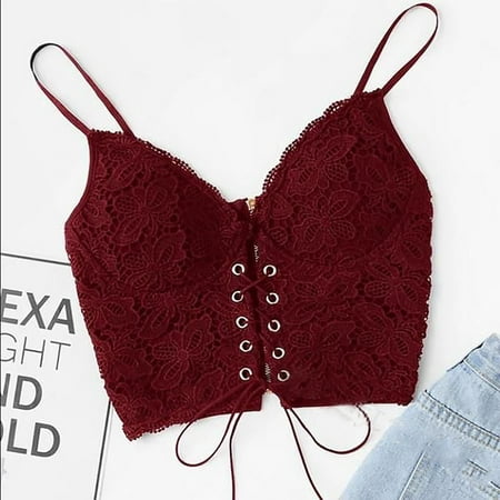 USSUMA Camisole Tops for Women Womens Tank Tops Women s Lace Bra Casual Eyelet Lace Up Sleeveless Spaghetti Strap Zip Back Crop Camisole Underwear Vest Tax Free Weekend Womens Tops