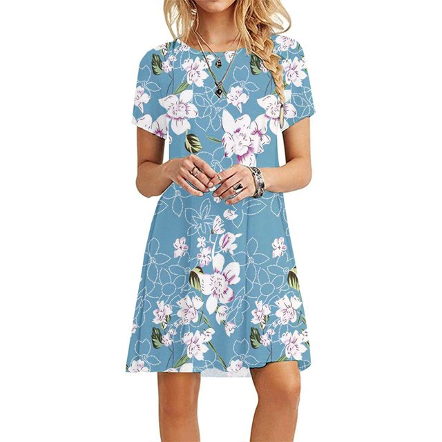 Nouvelle Robe Midi à Manches Courtes à Col Rond Imprimé Léopard Fleur pour Femmes Robe Décontractée Simple T-Shirt Ample