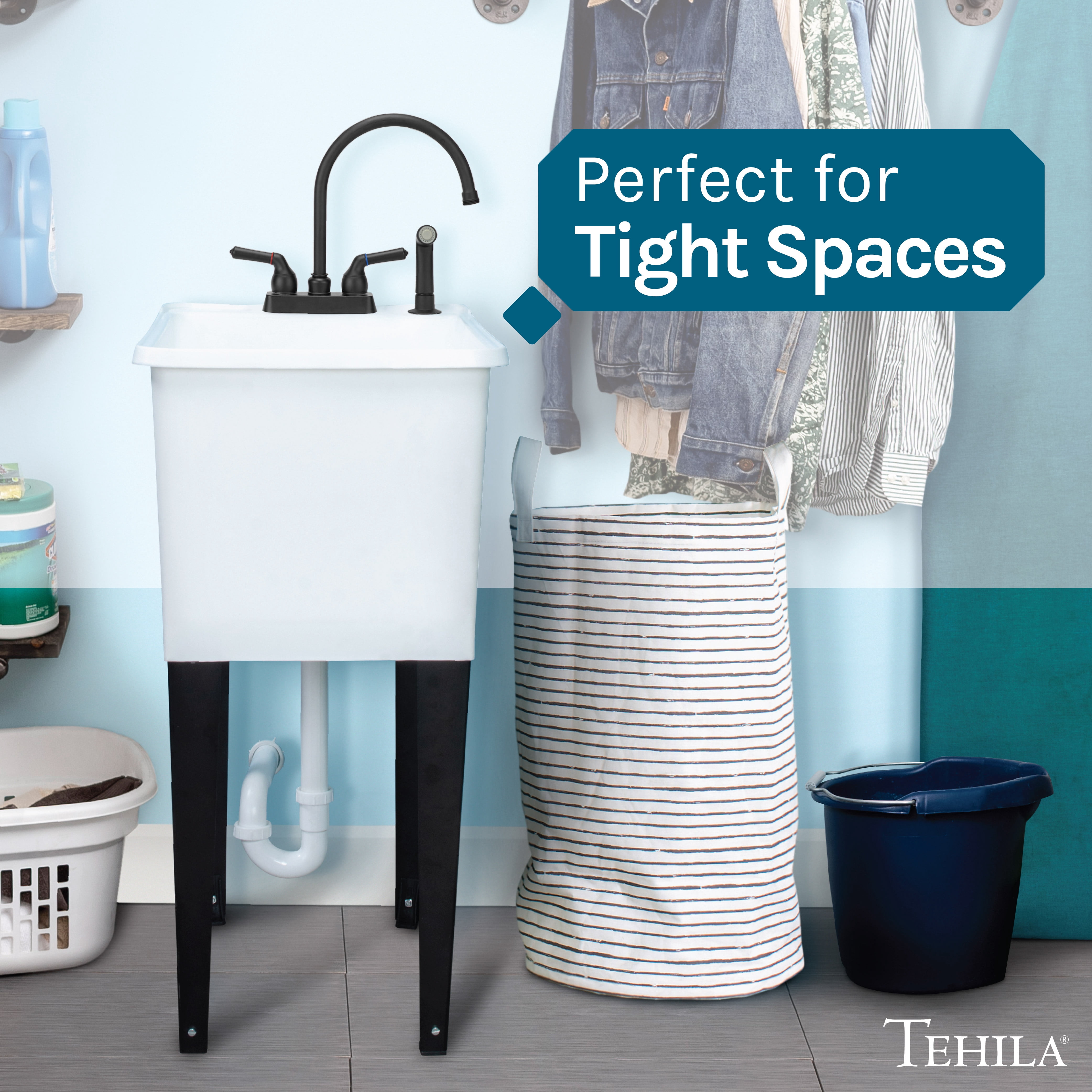 TEHILA Space Saver 16 Gallon White Utility Sink with Black Faucet & Side-Sprayer