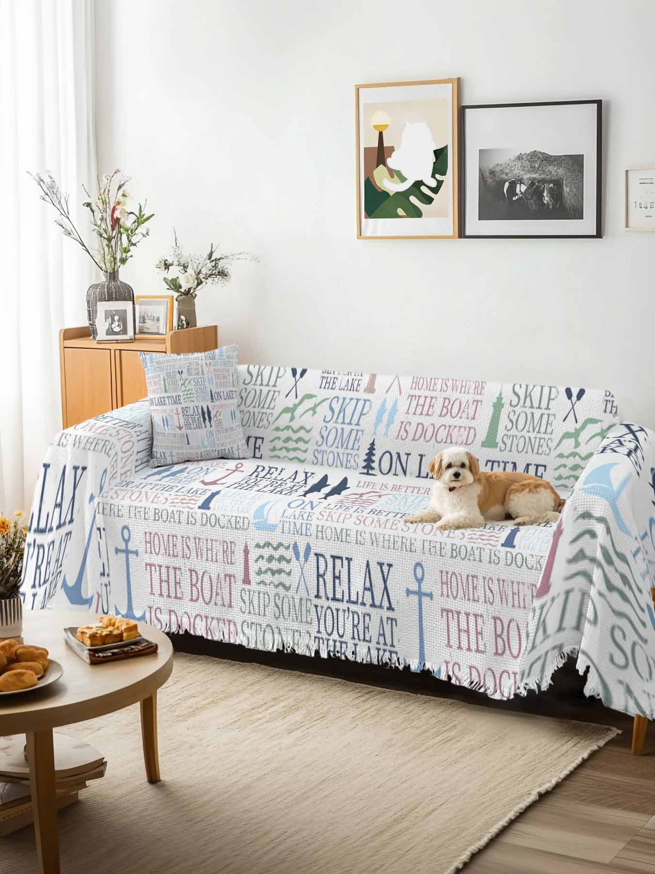 Ocean Nautical Couch Cover, Rustic Anchors Fish Oars Lighthouses Sofa Cover Blanket for Loveseat Couches, Sectional Sofa Slipcover Furniture Protector for Living Room Bedroom 71''x118''