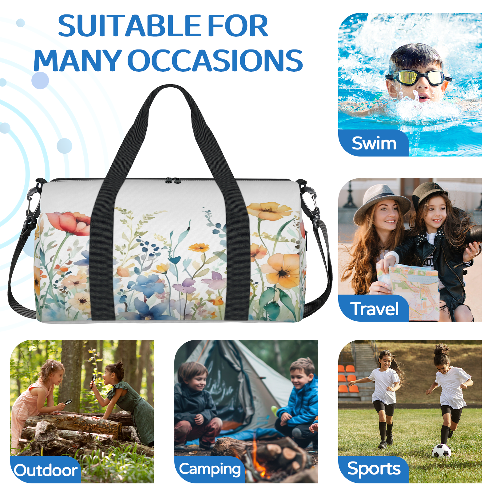 Herdesigns Wildflowers Gym Bag for Women, Duffle Bag for Travel Sport, Lightweight Waterproof Carry on Weekender Overnight Dance Yoga Workout Bags