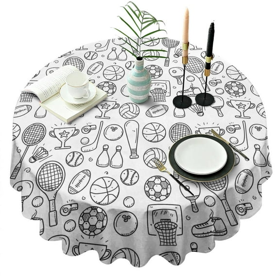 Doodle Sports Icons Pattern Round Tablecloth 60"x60",Wrinkle Wipeable Table Cloth for Kitchen Dining Room Picnic Patio Party