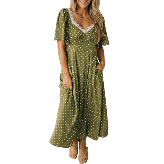 Women's Green Polka Dot Maxi Dress – Lacy Neckline, Smocked High Waist for Summer Fun, XL