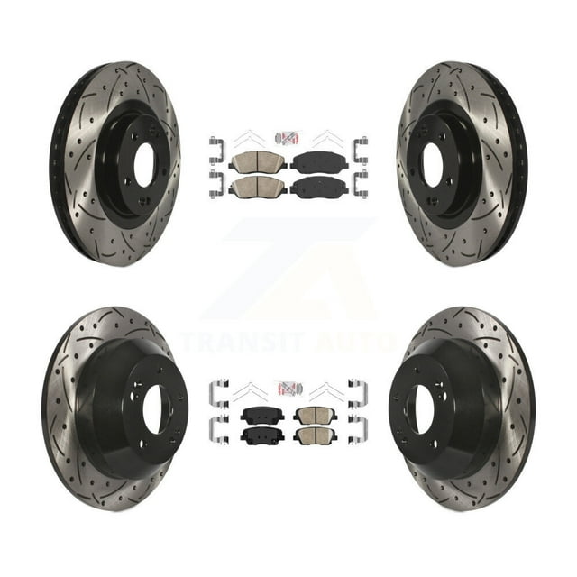 Transit Auto Front Rear Ceramic Pads and Coated Drilled Slotted Disc Brake Rotors Kit for Car Hyundai Santa Fe XL KDA-100999