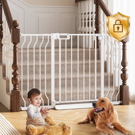 Grownsy Baby Gate for Stairs, 29.5"-48.4" Pressure Mounted Baby Gate for Top of Stair&Doorway with V-Shaped Rods, Anti-Trip Pedal, Extra Wide Stairs Dog Gate Easy Install w/Red Reminder