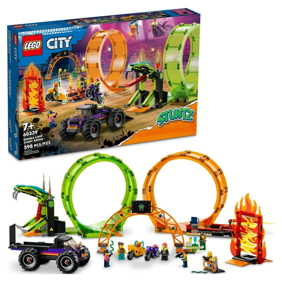 LEGO City Stuntz Double Loop Stunt Arena 60339, Monster Truck Playset with 2 Toy Motorcycles, Ramp, Wall of Flames, Ring of Fire, Snapping Snake Loop and 7 Minifigures, for Kids Ages 7 Plus