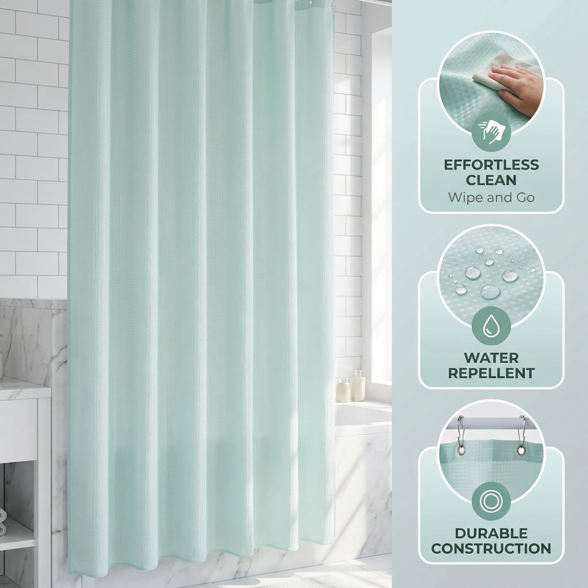 Unique Bargains Waffle Weave Shower Curtain with Excellent Drape Mint Green 71"W x 71"L