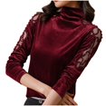 thumbnail image 3 of Aboser Velvet Tops for Women Retro Patchwork Mesh Sheer Shirts Evening Party Top Slim Fit Turtleneck Blouse Comfy Long Sleeve Shirt Solid Color Casual Blouses, 3 of 7