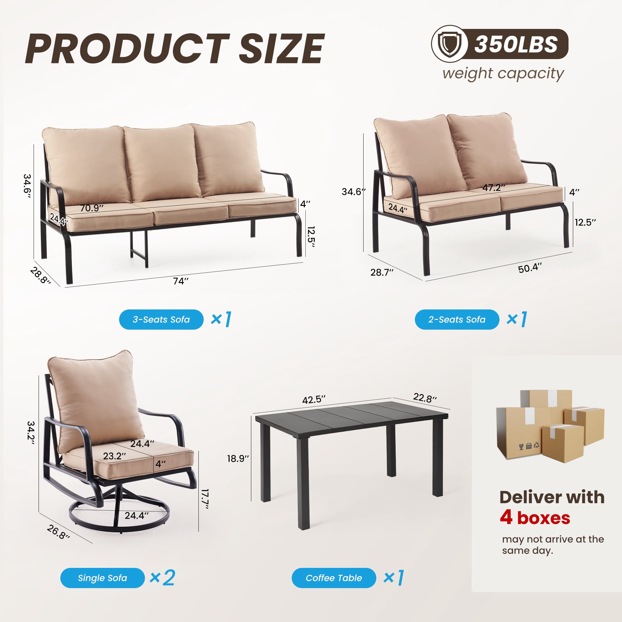 MAYEERTY 5-Piece Metal Frame Outdoor Patio Set with Swivel Chairs, 3-Seater Sofa, Loveseat and Coffee Table