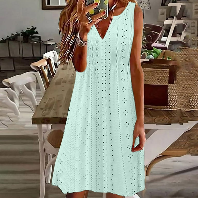 USNSM Dresses for Women Lace Casual Sleeveless Av Neck Midi Beach Dress  Boho Flowy Eyelet Vacation Sundress Pink L