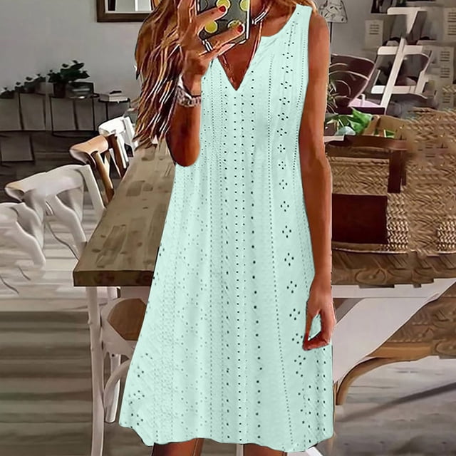 Gspmoly Robes pour Femmes, Mode Femmes Été Décontracté Uni Col en V Sans Manches Robe Mini Robes de Mariage pour Femmes jusqu'à 65 % de Rabais