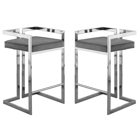 Home Square 2 Piece 27" Velvet Counter Stool Set with Metal Base in Gray